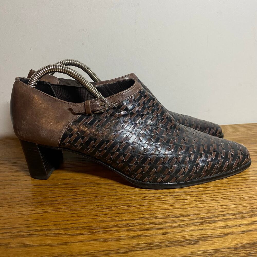 Brighton Turner Black Brown Woven Leather Block Heel Low Ankle Bootie Size 10 M